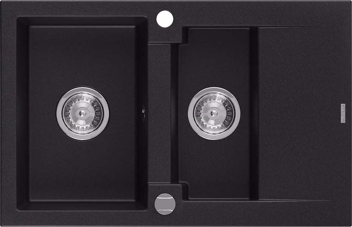 Mexen Gaspar lavello in granito 1,5 vasche con scolapiatti 737 x 475 mm, nero, sifone cromato - 6507731505-77