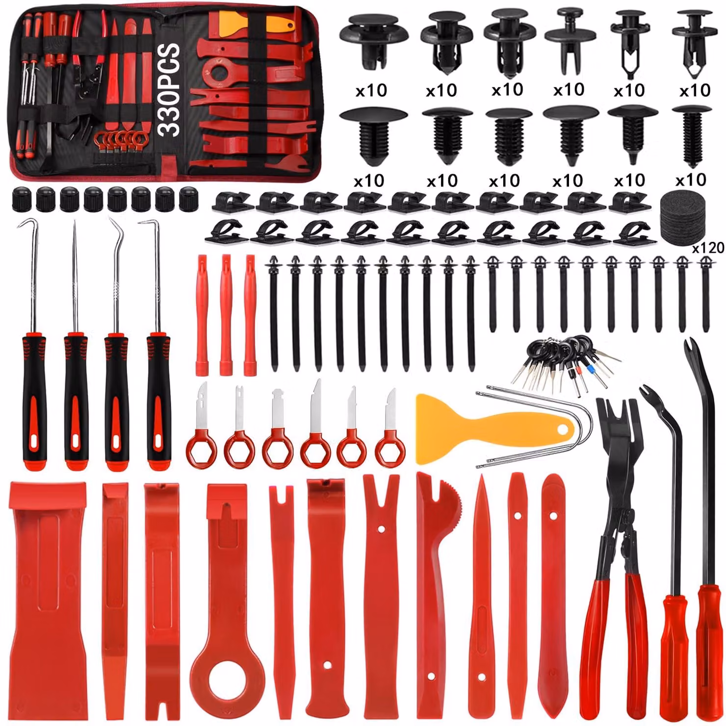 Kit di strumenti per lo smontaggio di 330 pezzi, per interni auto - Colore: rosso