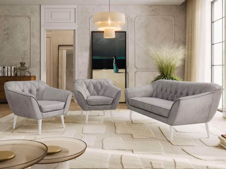 Divano componibile MKS MEBLE, set divano PIRS 1-1-3, divano scandinavo a 3 posti con poltrone, divano con sospensioni a molle, gambe bianche, design scandinavo - velluto grigio chiaro