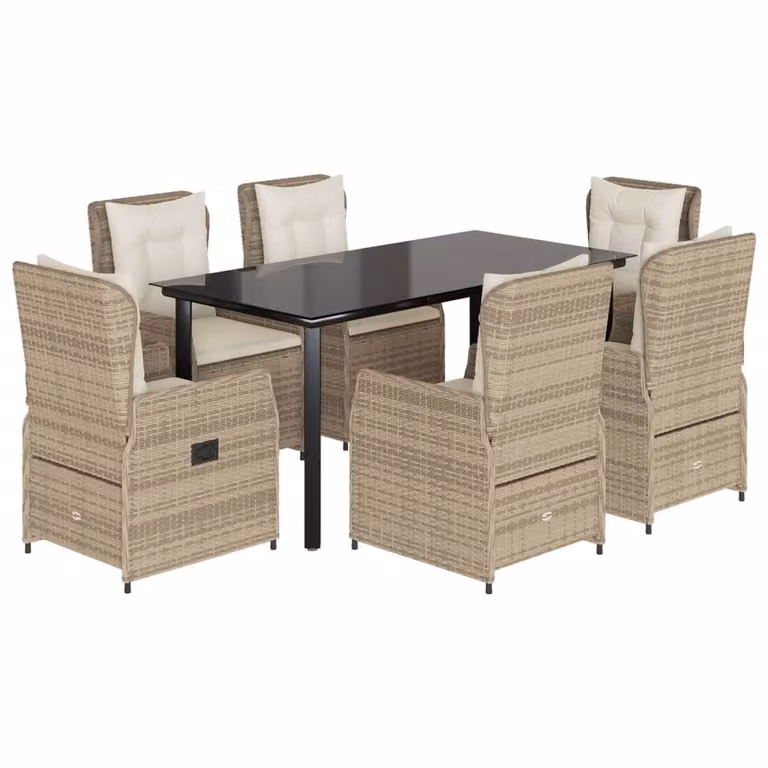 Set da Pranzo da Giardino 7 pz con Cuscini Beige in Polyrattan