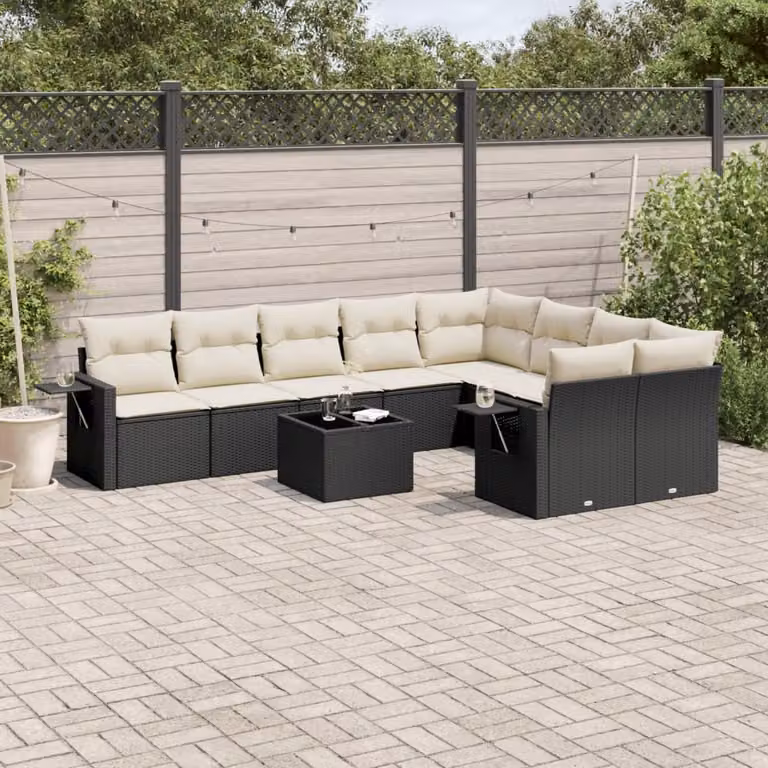 Set di Divani da Giardino vidaXL 10 Pezzi in Polyrattan Nero con Cuscini e Tavolino da Esterno