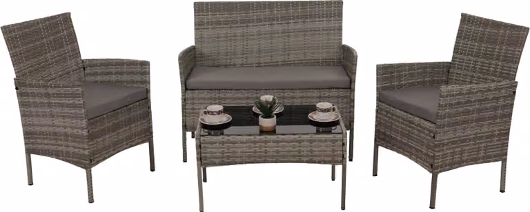 Set da giardino in poly-rattan HWC-N98, gruppo di sedute, metallo vetro tessuto/tessuto (180g/m²) ~ grigio, cuscini grigio chiaro