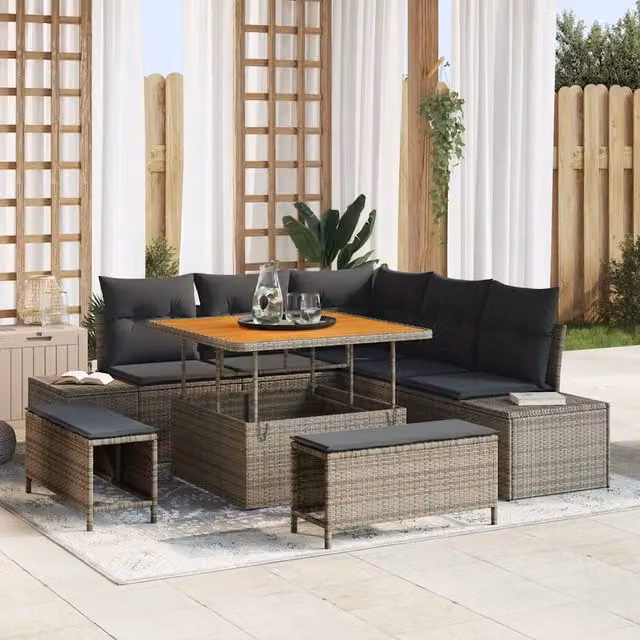 Set Divano da Giardino 8 pz vidaXL Grigio in Rattan con Cuscini e Tavolino da Caffè