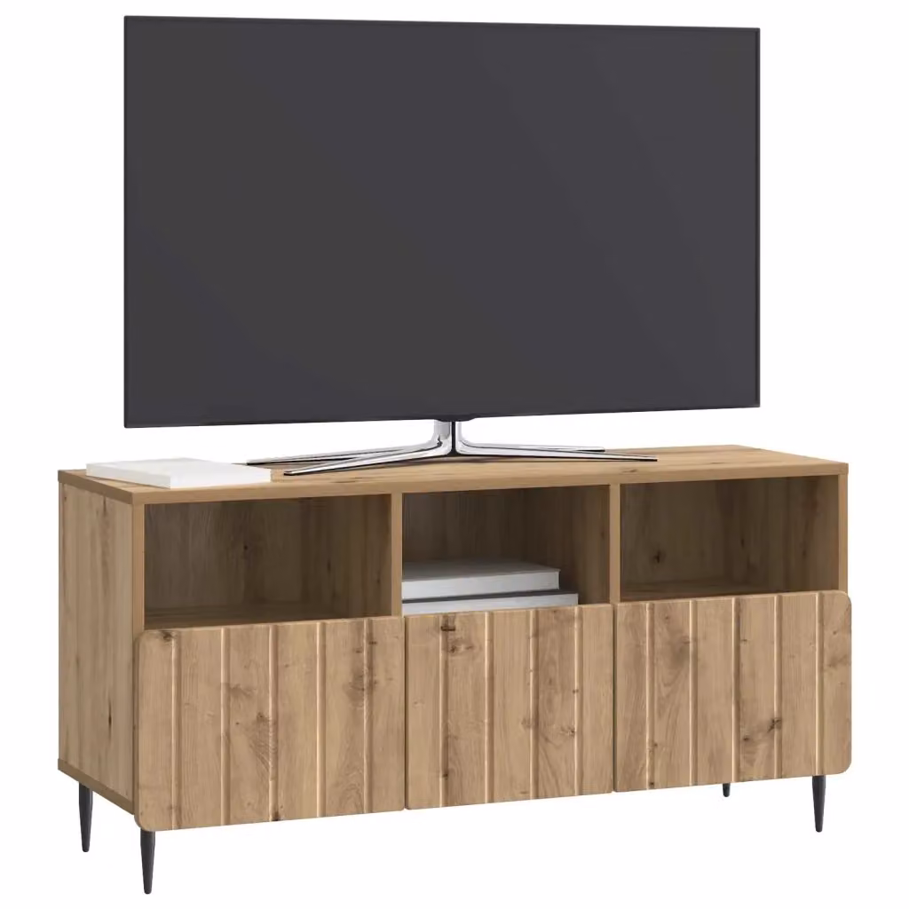 Mobile TV moderno in legno rovere color marrone con cassetto, L: 102 cm, P: 34,5 cm, H: 50 cm – 2