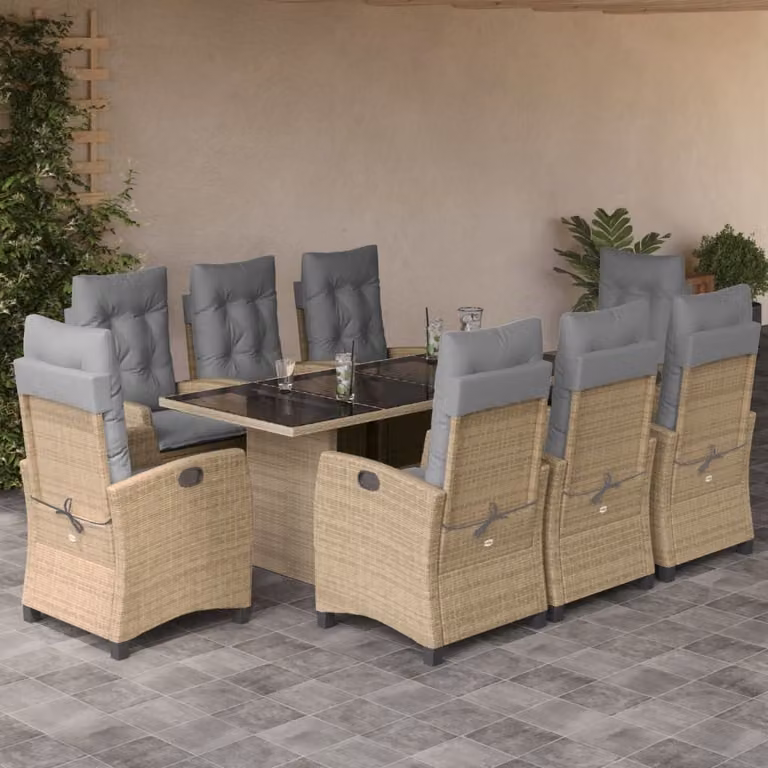 Set Pranzo da Giardino vidaXL in Polyrattan con Cuscini Beige e Grigio, 9 Pezzi