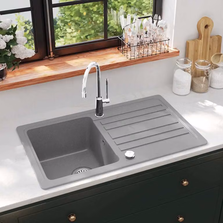 Lavandino da cucina singolo in granito con scolapiatti reversibile vidaXL grigio L/P/H: 76,5 x 46,0 x 19,0 cm