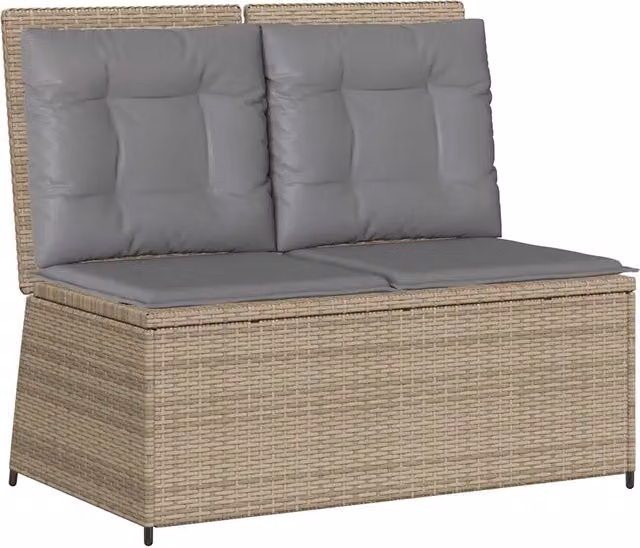 Panchina da Giardino Reclinabile in Polyrattan e Metallo con Cuscini in Tessuto Beige e Grigio