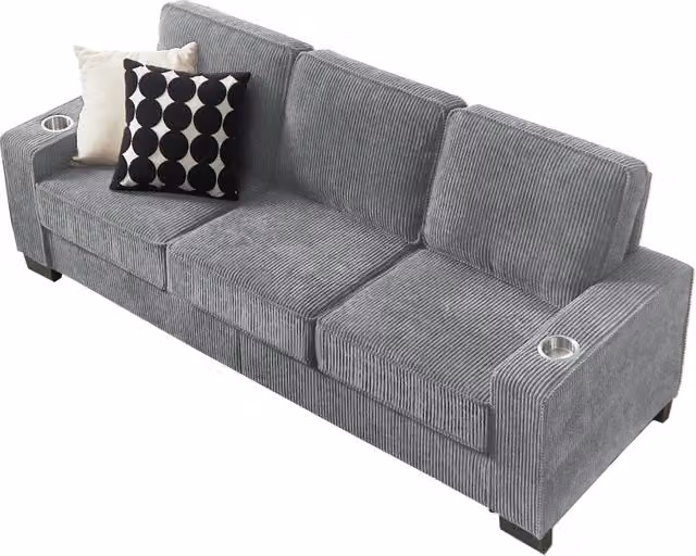 Divano lineare Chicfurn a 3 posti in velluto a coste grigio con portabicchieri e seduta ergonomica L: 206 cm, P: 72 cm, H: 86 cm – 1