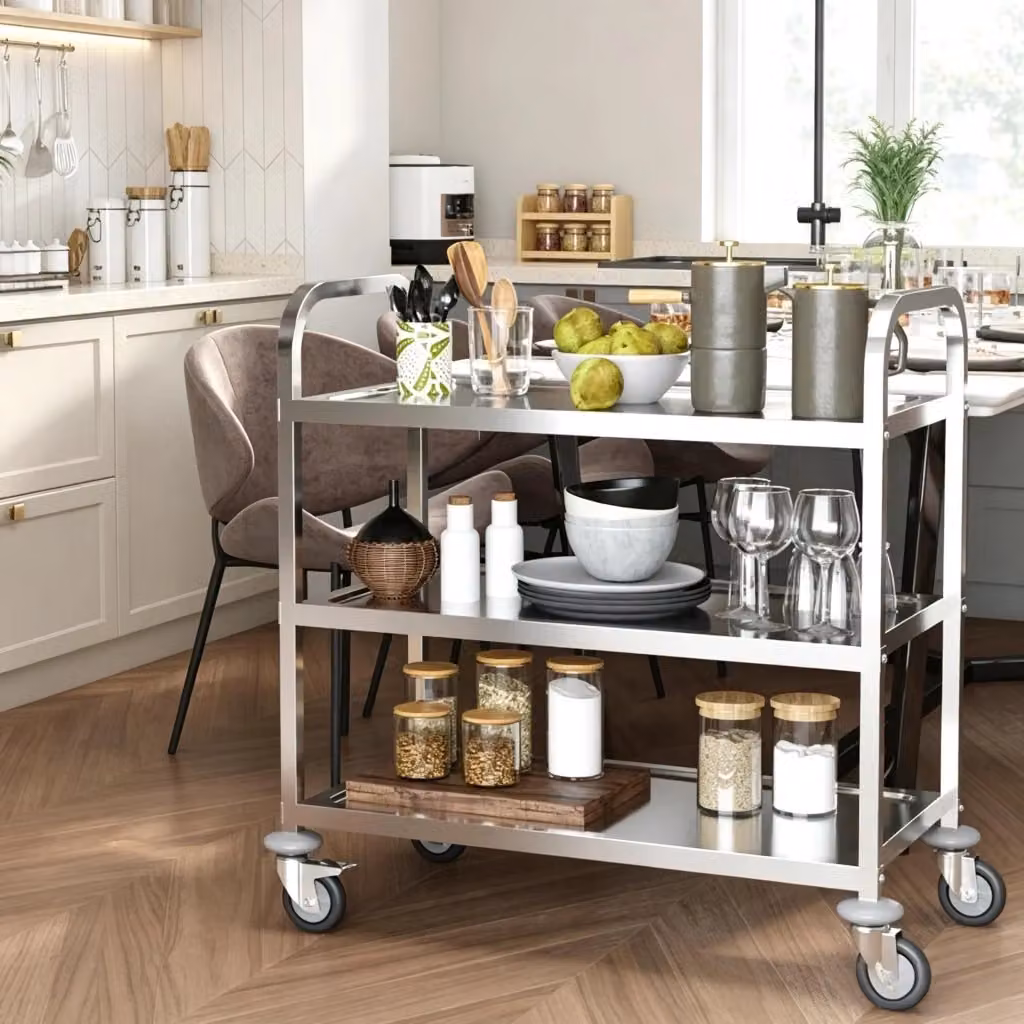 Carrello di servizio Weimin a tre ripiani in acciaio inossidabile color argento, L: 150,0 cm, P: 88,2 cm, H: 50,5 cm – 2