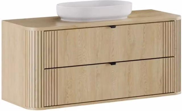 Set da bagno Meublorama KORI moderno con mobile sottolavabo, piano e lavabo da appoggio, colore beige e rovere, L: 120 cm, P: 46 cm, H: 67 cm