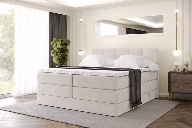 Letto boxspring ALTDECOR con materasso e rete a doghe, topper, letto imbottito con contenitore, letto con vano portaoggetti, materassi H3 e H4, letto matrimoniale, letto boxspring -LIRO KING- 120x200 - Beige Casablanca