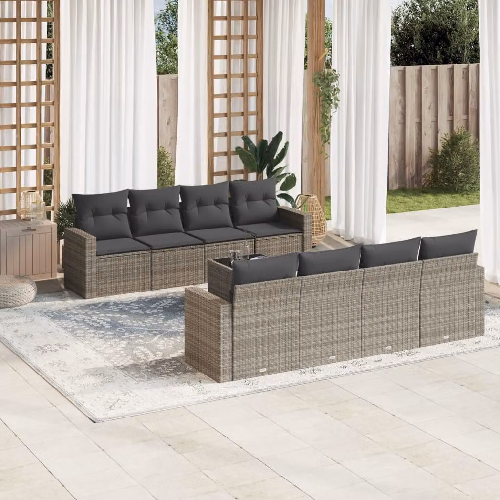 Set Divano da Giardino vidaXL 9 pz in Polyrattan Grigio con Cuscini e Tavolino – 1