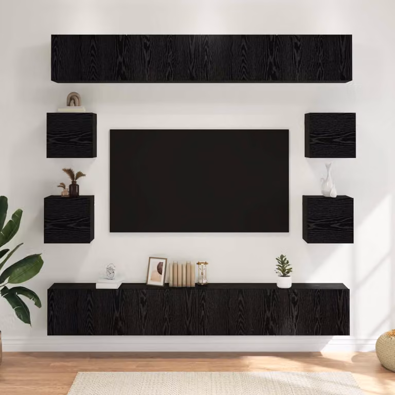Set mobile TV moderno vidaXL in 8 pezzi, Rovere e Nero, in legno ingegnerizzato MDF