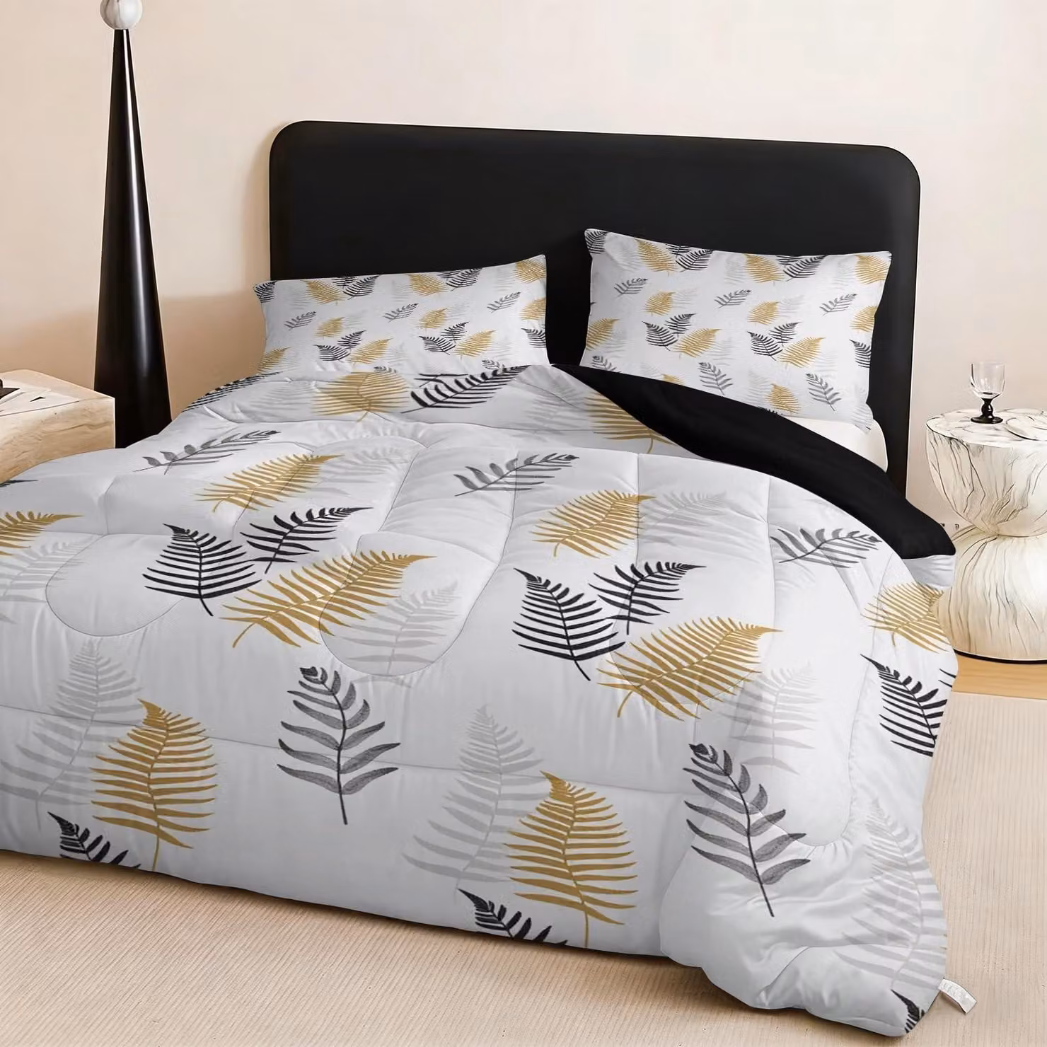 Copertura per letto matrimoniale 200x200 cm con motivo di foglie grigie