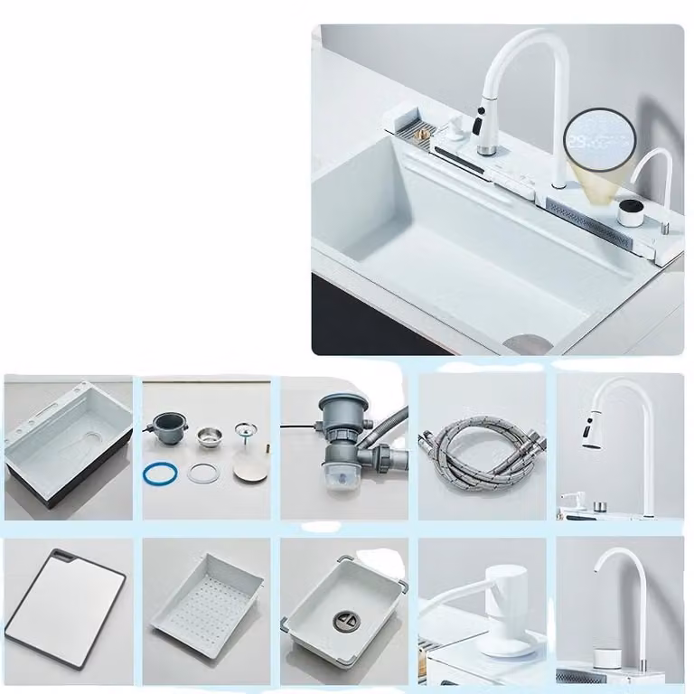 Lavello da cucina, rubinetto integrato, design rettangolare, bianco