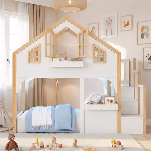 Letto a soppalco per bambini 90x200 cm con scala contenitore LED