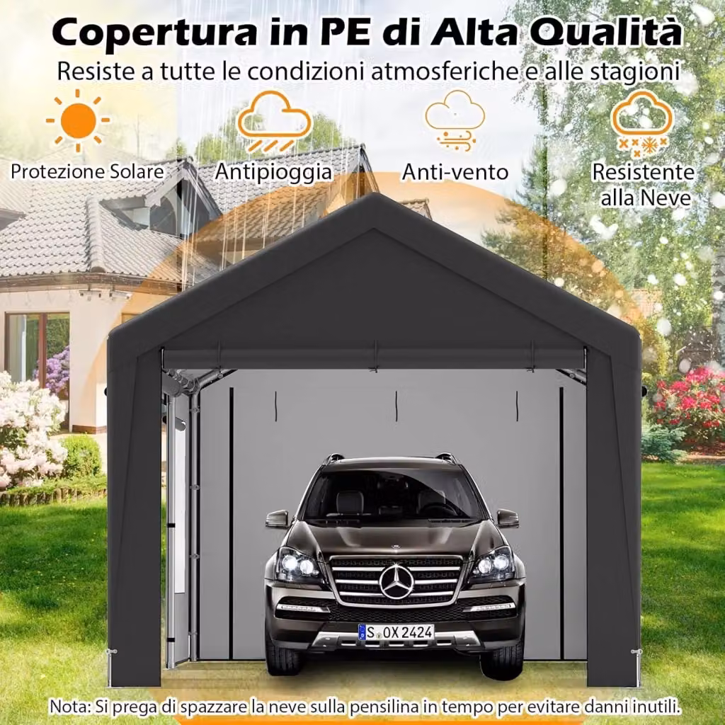 Carport Costway Tenda Garage per Auto Impermeabile Grigia con 4 Porte e 4 Finestre a Rete Arrotolabili L: 595 cm, P: 300 cm, H: 280 cm – 2