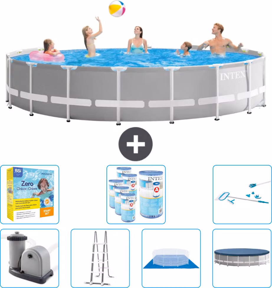 Piscina Intex Round Prism Frame - 548 x 122 cm - Grigio - inclusa pompa - scaletta - telo di fondo - pacchetto di manutenzione della copertura - filtro - kit di pulizia