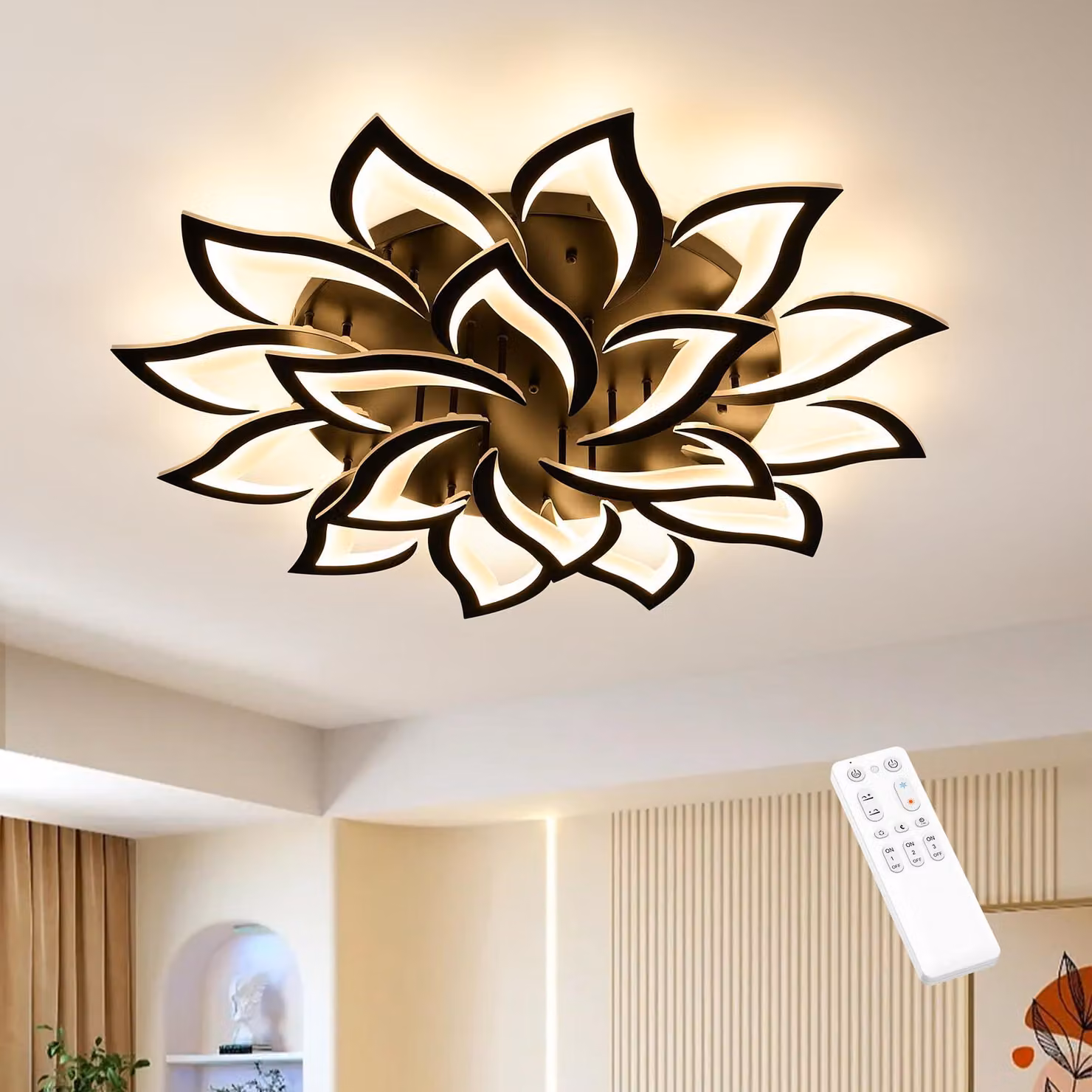 Lampada da soffitto a LED, modello "Petalo", 100W, 9400 lumen, dimmerabile, con telecomando, colore nero