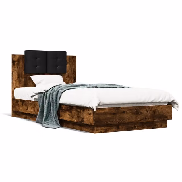 Letto singolo per adulti con testiera in legno multistrato Rovere Fumo, design moderno, colore marrone e nero