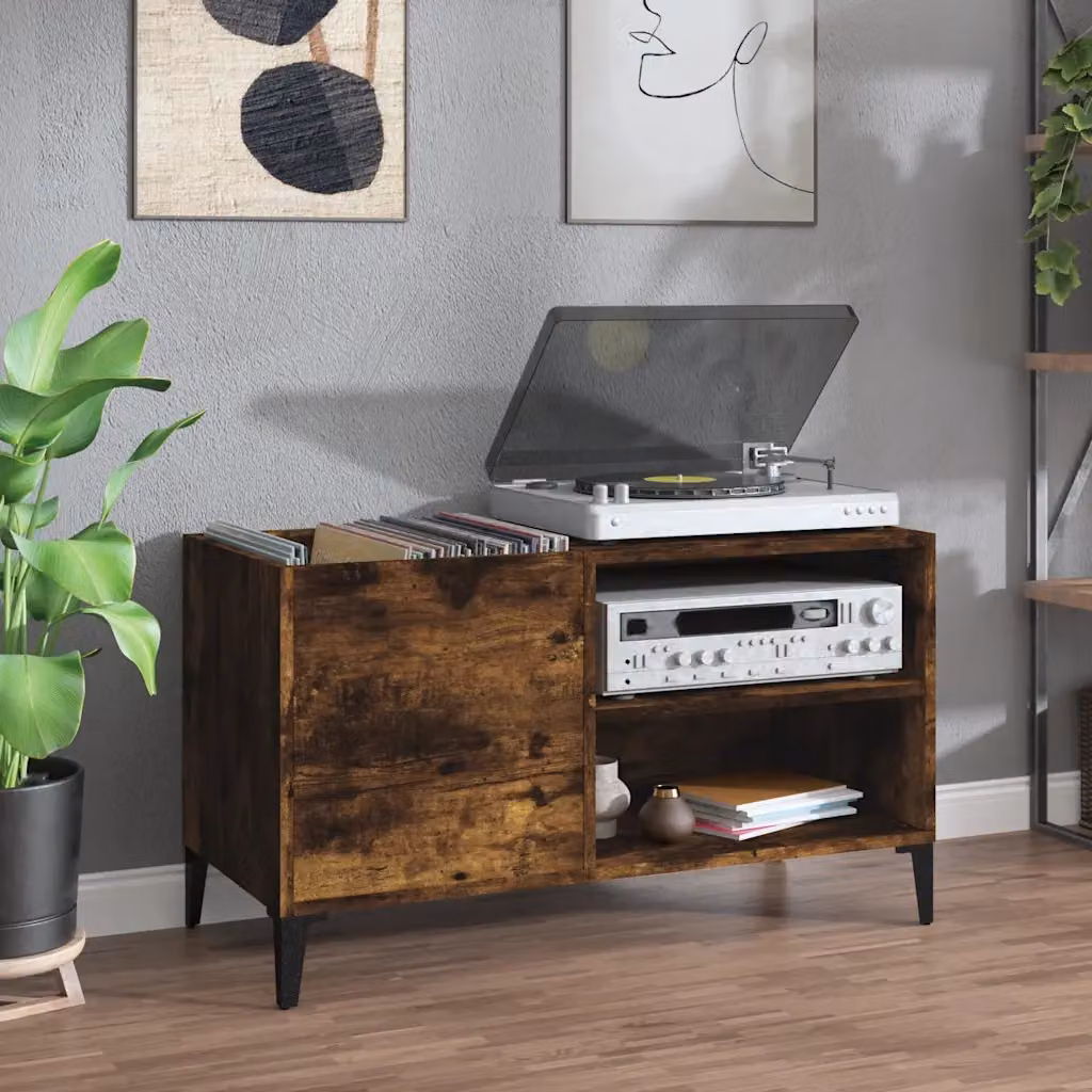 vidaXL Mobile Porta Dischi in Rovere Fumo e Legno Multistrato, Colore Marrone, L/P/H: 84,5 x 38 x 48 cm