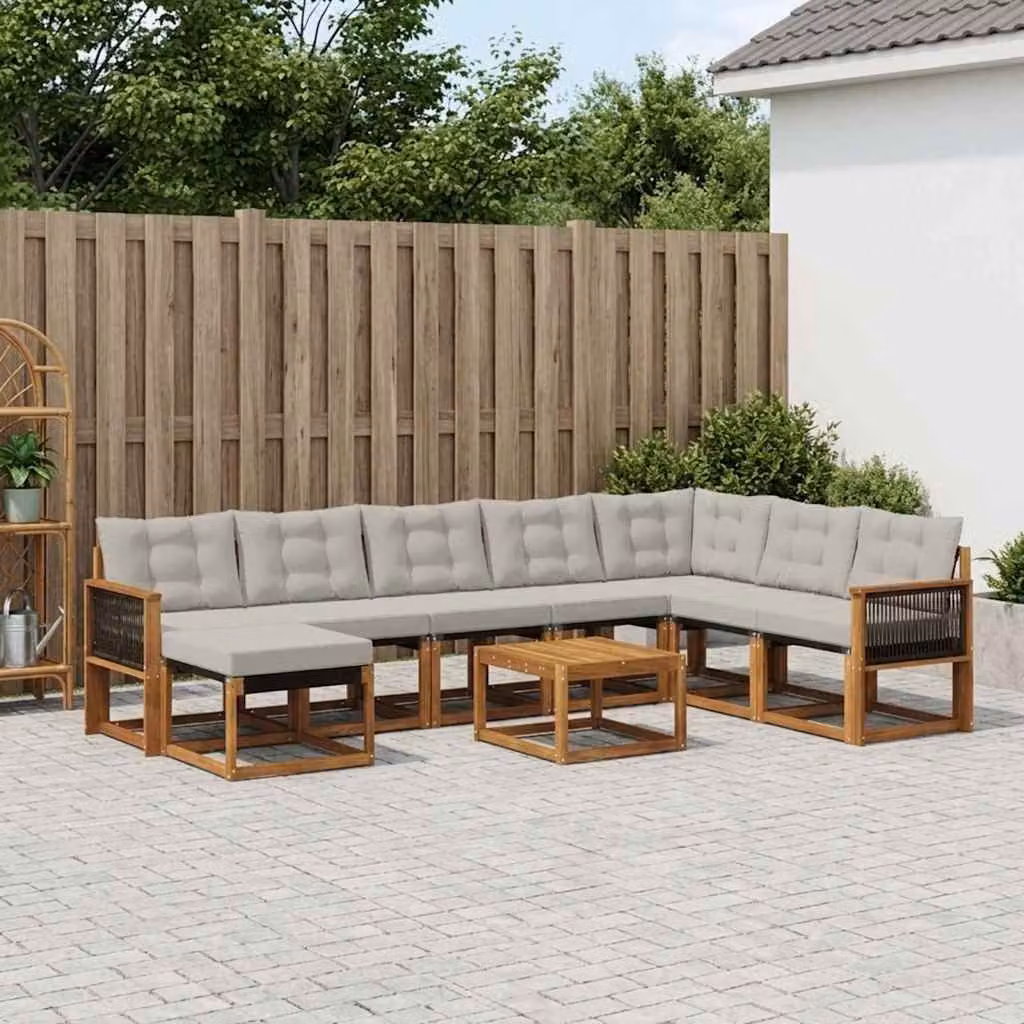 Set di divani da esterno vidaXL a forma di U composto da 9 pezzi in legno di acacia con cuscini in tessuto beige e grigio