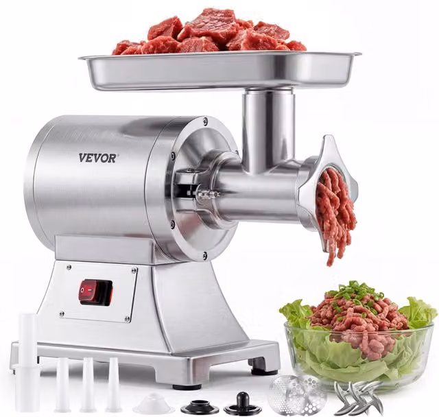 Tritacarne Elettrico 750W HC-12D in Acciaio Inox, 4,2 kg/min con 2 Dischi e 3 Tubi Insaccatori, Robusto per Cucina
