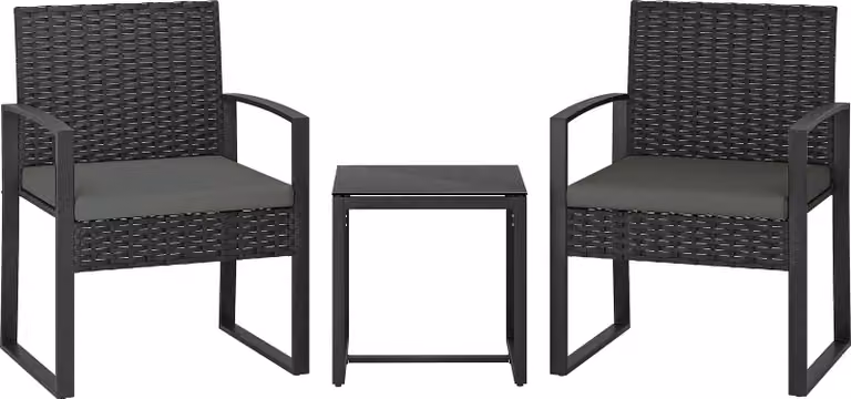 Set da bistrot in rattan, set di mobili da giardino composto da 3 pezzi con 2 sedie da giardino, tavolino, cuscini rimovibili grigio scuro