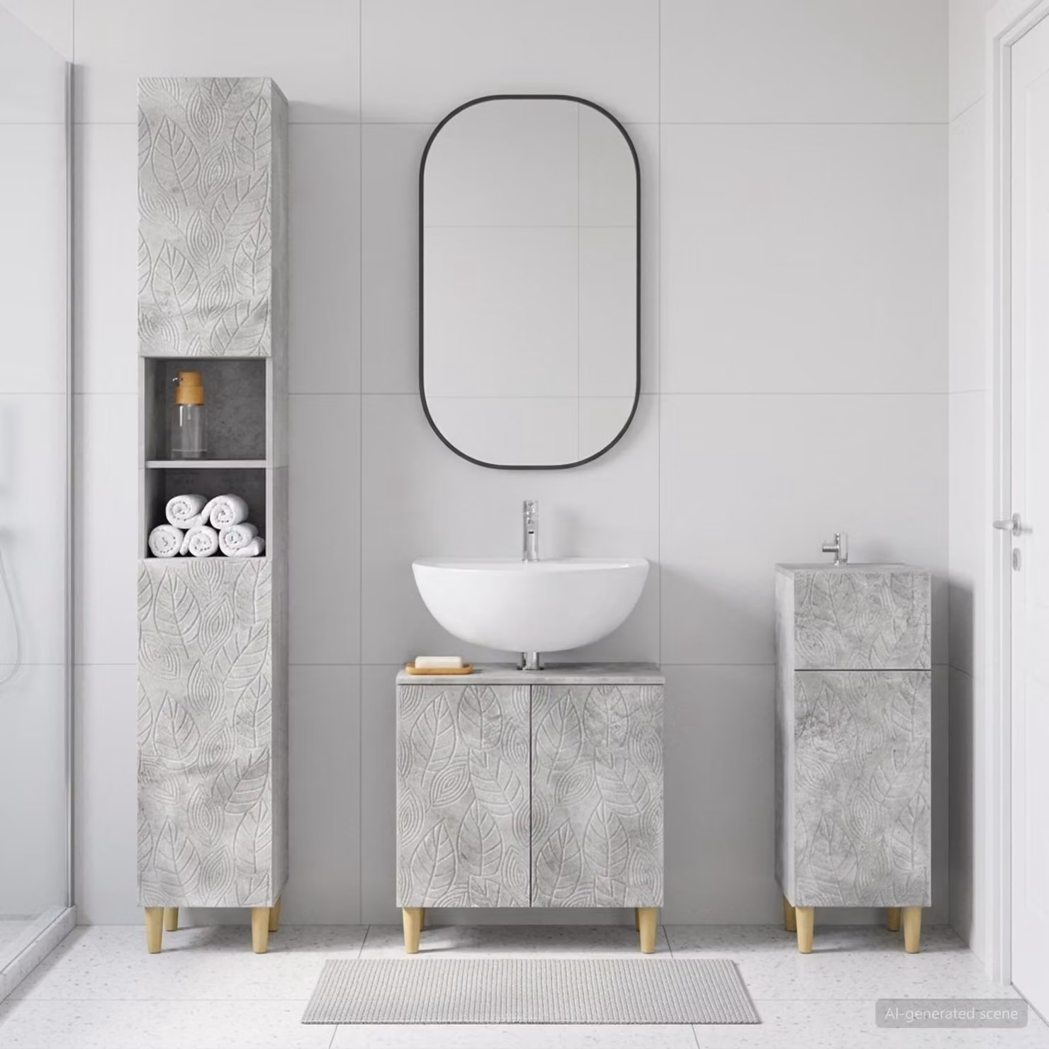 Set di armadietti da bagno moderni vidaXL DELFT in 3 pezzi, colore grigio, con mobile sottolavabo, colonna alta e mobile laterale, L/P/H: 190 x 47,8 x 31 cm, 31 x 30 x 30 cm e 31 x 47,8 x 30 cm