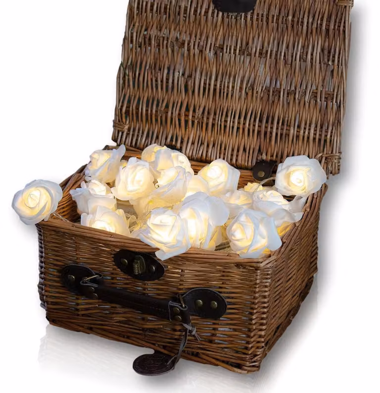 Catena luminosa con 30 rose a LED, alimentata a batteria, colore bianco, lunghezza 30 cm