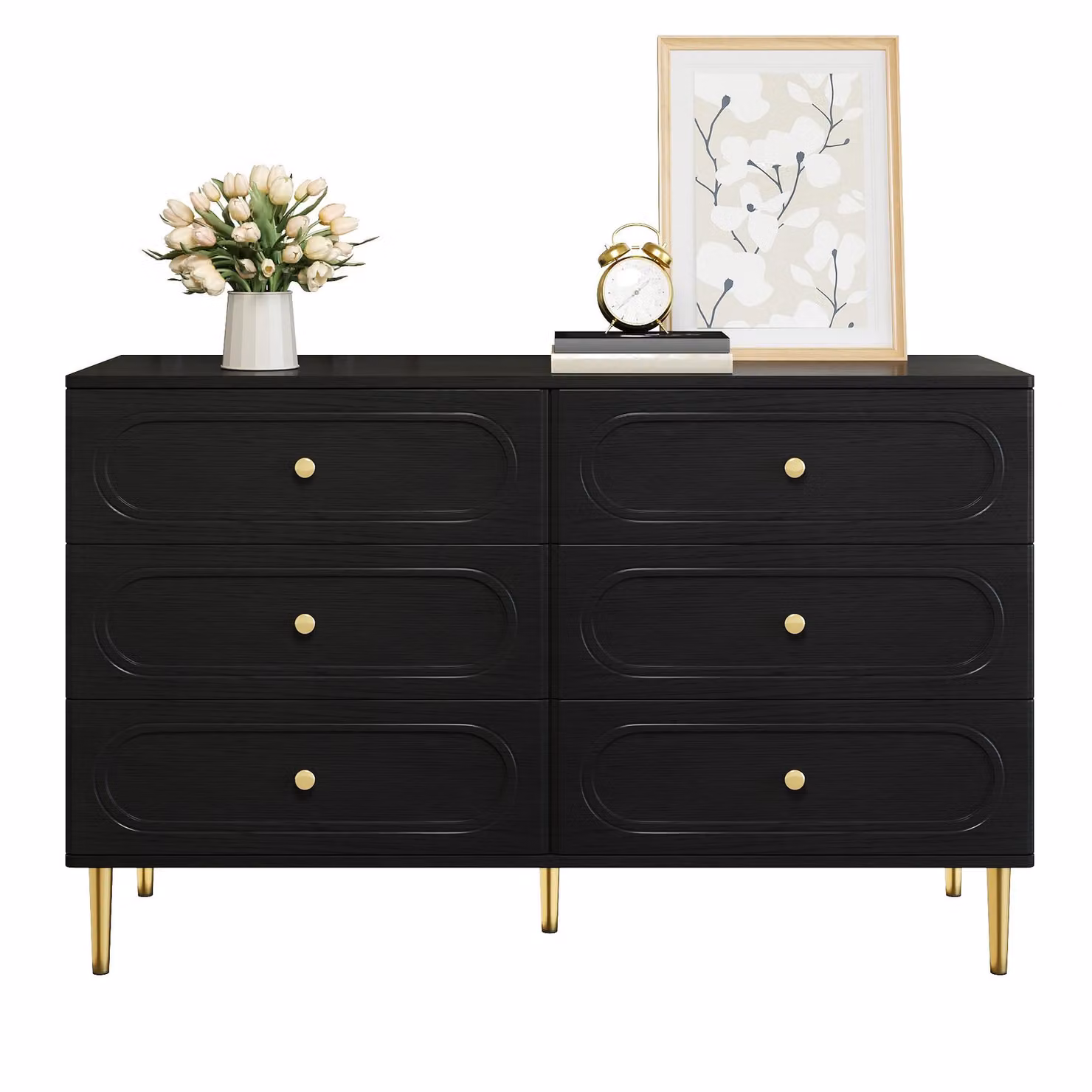 Mobile contenitore Moonbite da 120 cm con 6 cassetti, caratterizzato da intagli ovali, maniglie e piedini in metallo, realizzato in pannello MDF e pannello truciolare, colore nero