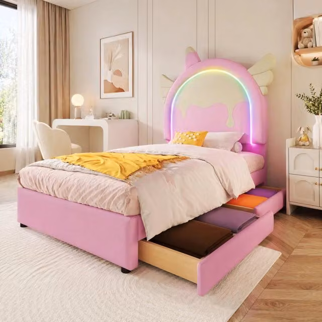 Letto imbottito ULEVR 90x200 cm a forma di unicorno con barra luminosa colorata, 2 cassetti, rosa