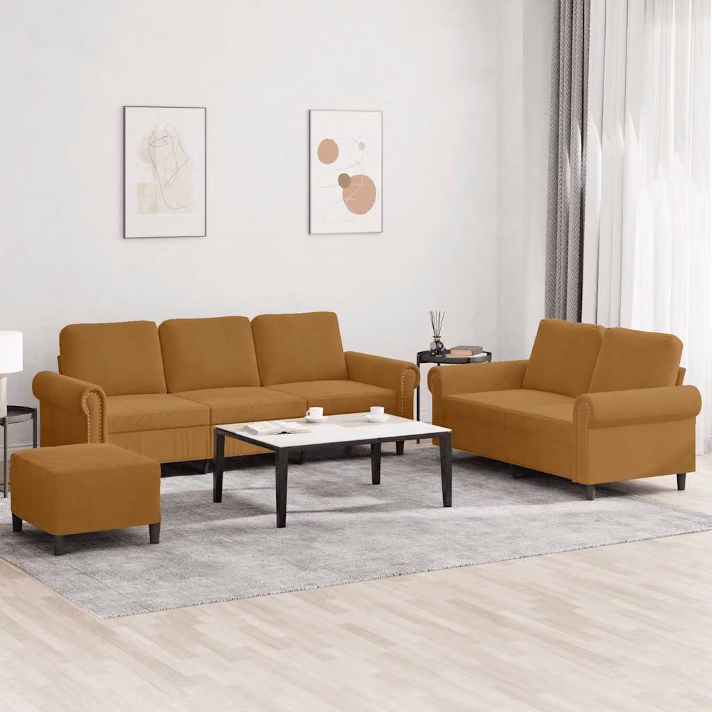 vidaXL Set di Divani Moderno in Velluto Marrone con Ottoman e Cuscini – 1