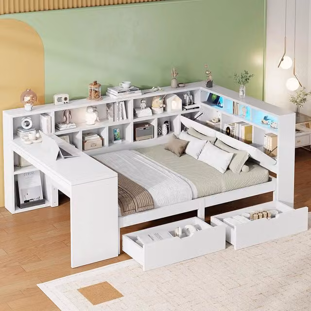 Letto angolare 140x200cm?- Xylo - scrivania libreria LED bianco