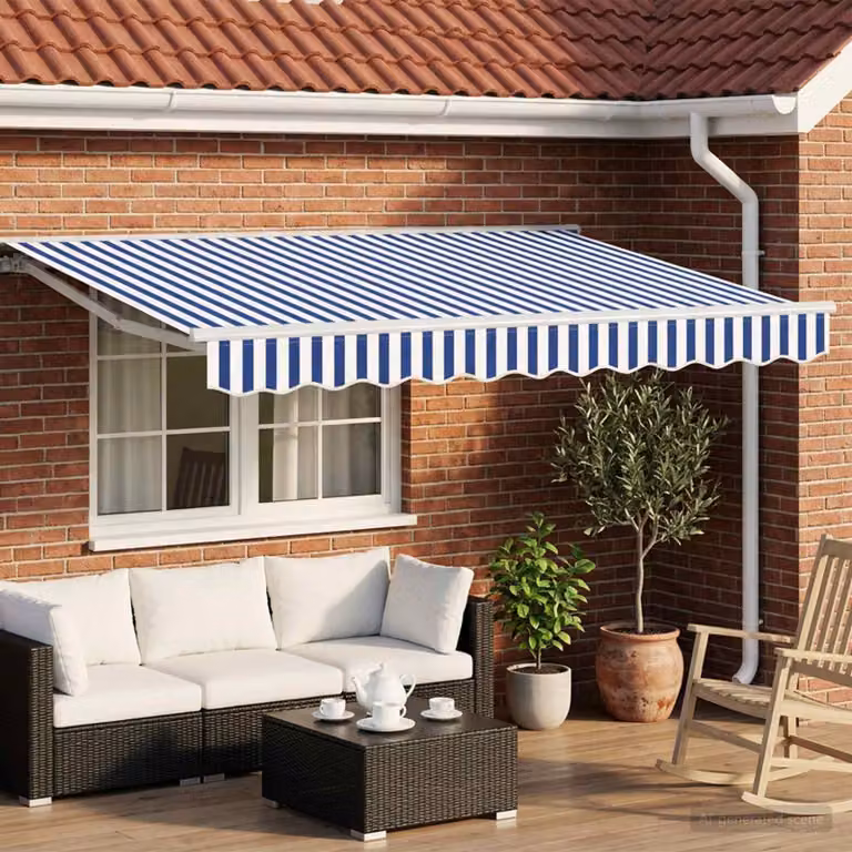 Tettuccio elettrico retrattile vidaXL con struttura in alluminio e copertura in poliestere, bianco o blu, montaggio a parete e telecomando