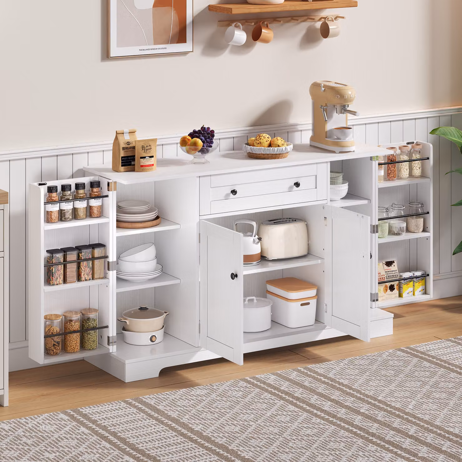 Flieks credenza da cucina, credenza da cucina a buffet con ripiani regolabili, mobile contenitore per cucina, soggiorno, sala da pranzo, bianco