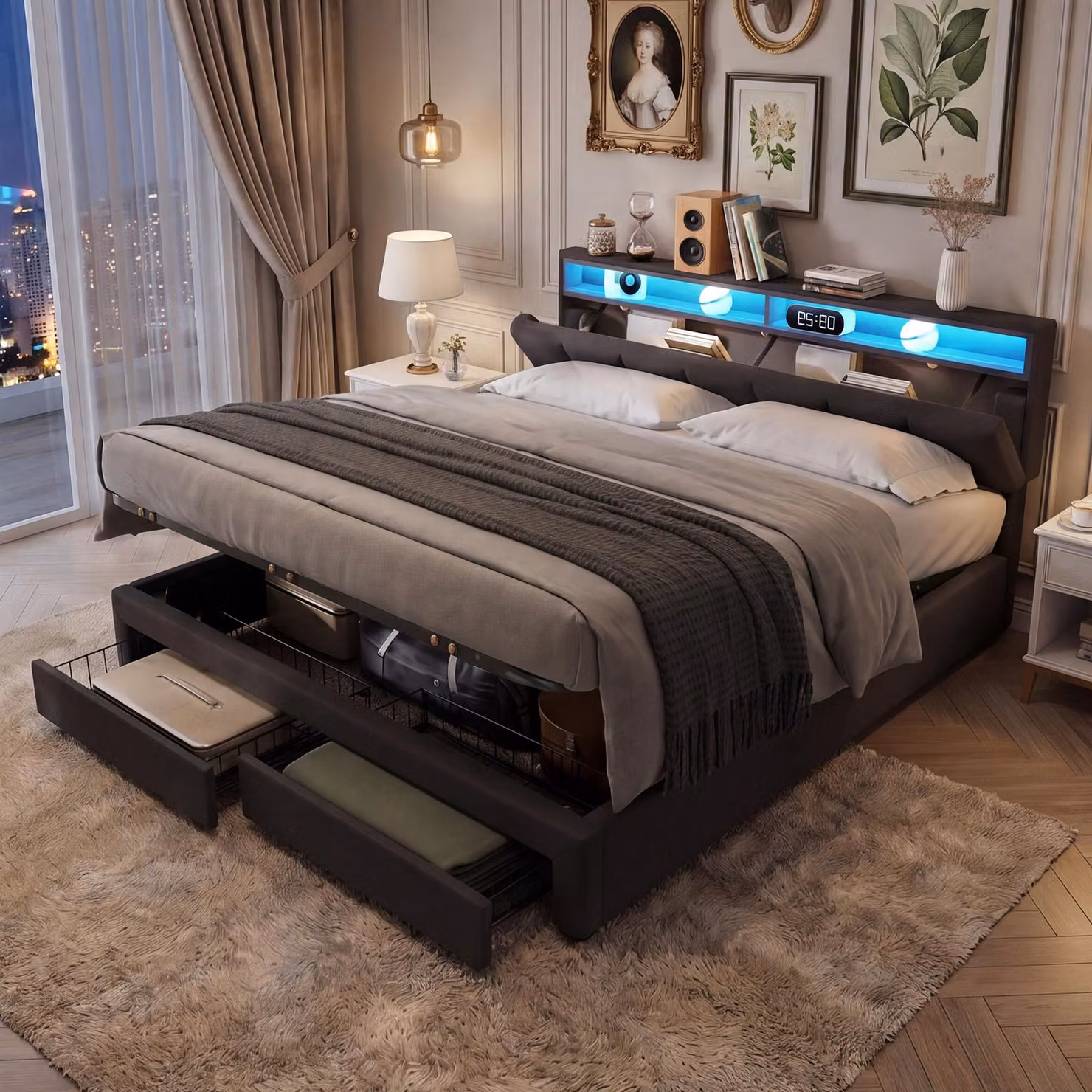 Letto con boxspring, imbottito, 180x200 cm, con LED, contenitore a sollevamento idraulico, 2 cassetti, struttura letto contenitore con rete a molle, letto matrimoniale, tessuto in lino, colore grigio
