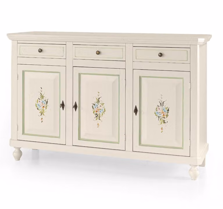 Madia credenza Napoletana Mobili 2G con 3 ante, bianco con decori e profili verdi, L: 150 cm, P: 43 cm, H: 98 cm