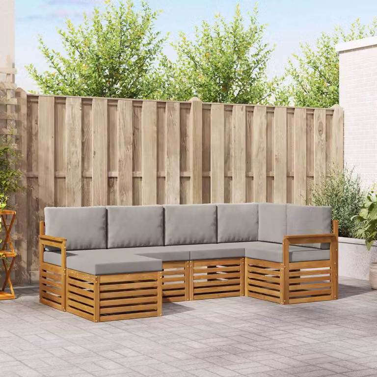 Set di divani da esterno vidaXL a forma di L composto da 6 pezzi in legno di acacia con cuscini in tessuto grigio e marrone