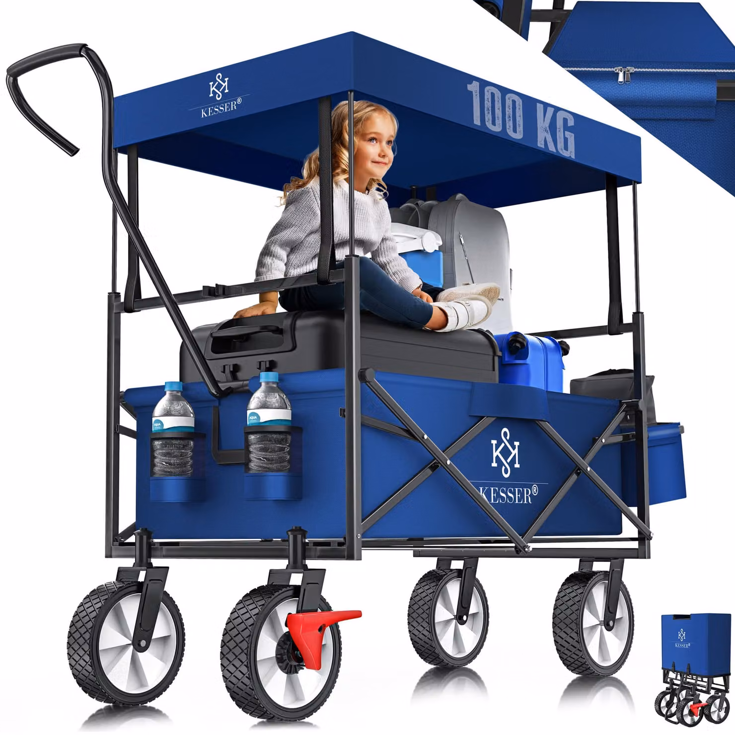 Carrello pieghevole KESSER® con tettuccio | Carrello a mano | Carrello da trasporto | Carrello portaattrezzi | Incl. 2 tasche a rete e 1 tasca esterna | Pieghevole | Pneumatici in gomma piena | Portata fino a 100 kg | Con freno sulla ruota anteriore