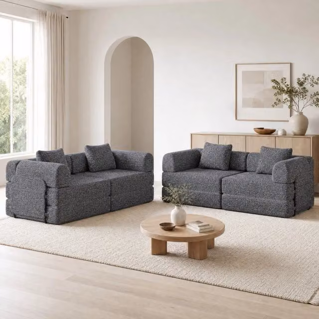 Divano letto singolo REDOM in tessuto chenille grigio con struttura in metallo e braccioli