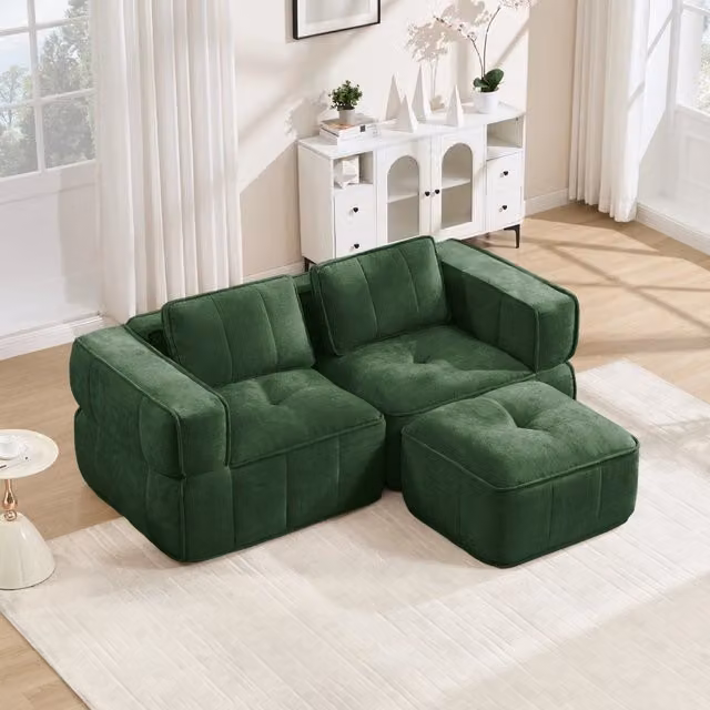 Divano modulare angolare a due posti con pouf in poliestere verde, schiuma 32D e seduta profonda 198 × 162 × 67 cm