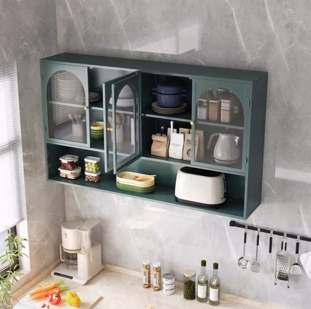 Mobile a Parete a Quattro Ante in Vetro Grigio 120x23x70cm, Verde Scuro, per Cucina Soggiorno Bagno