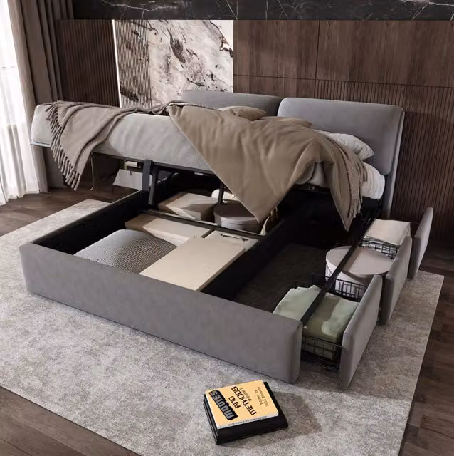 Letto imbottito 180x200 cm con contenitore idraulico e tre cassetti, struttura in velluto grigio, senza materasso