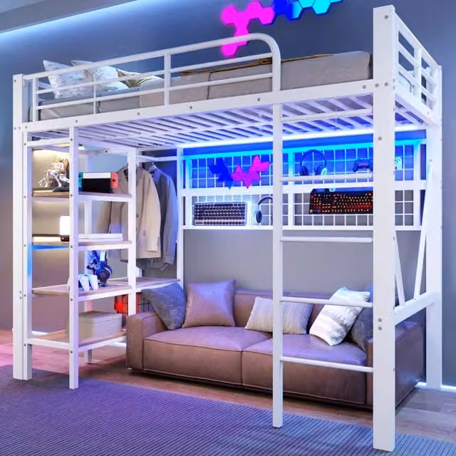 Letto a soppalco singolo moderno bianco con illuminazione LED, vano portaoggetti e appendiabiti in metallo e MDF, L/P/H: 90 x 200 x 180 cm