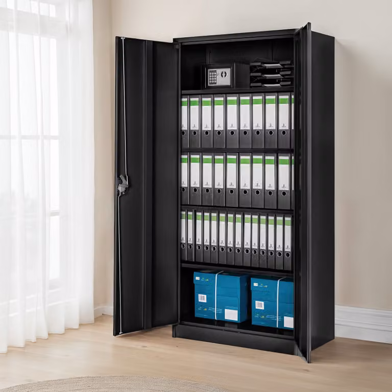 Armadio portadocumenti Tectake in metallo nero con ante a battente e serratura, H 180 x L 80 x P 40 cm