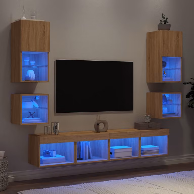 Mobile TV da parete vidaXL con 8 LED in legno multistrato Rovere Sonoma