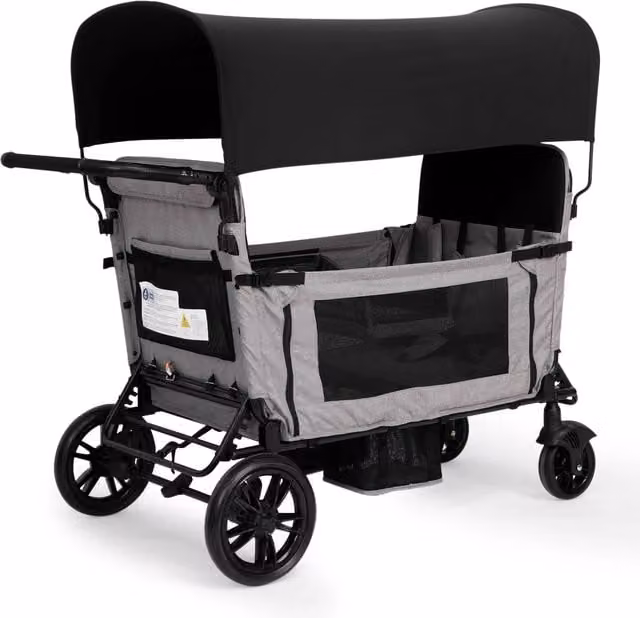 Carrello Passeggino Bambini 4 Posti Pieghevole con Letto; Parasole e Ruote PU Grigio