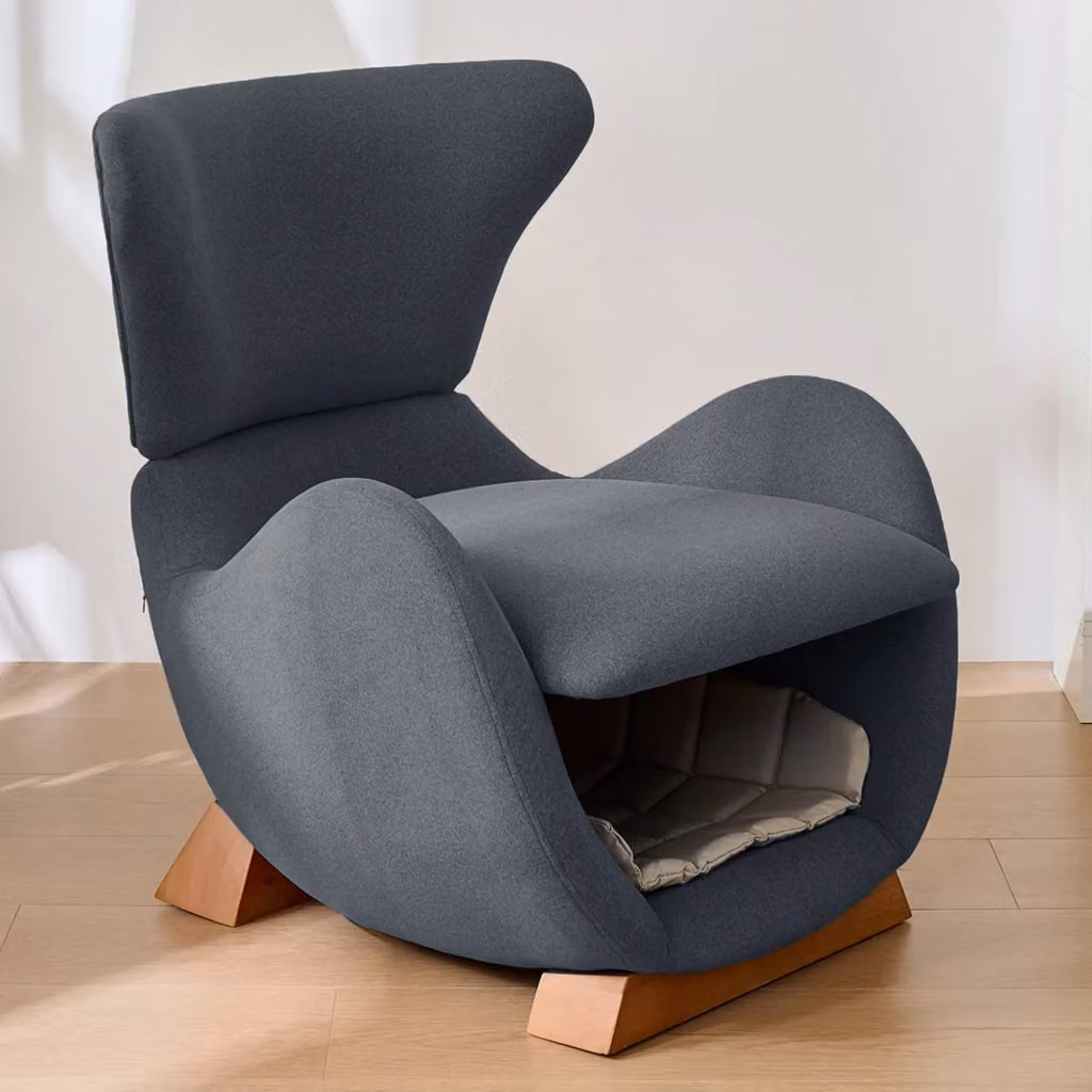 Poltrona Lounge Design Squalo Minimal in Tessuto Antigraffio Grigio con Struttura in Legno Solido – 2