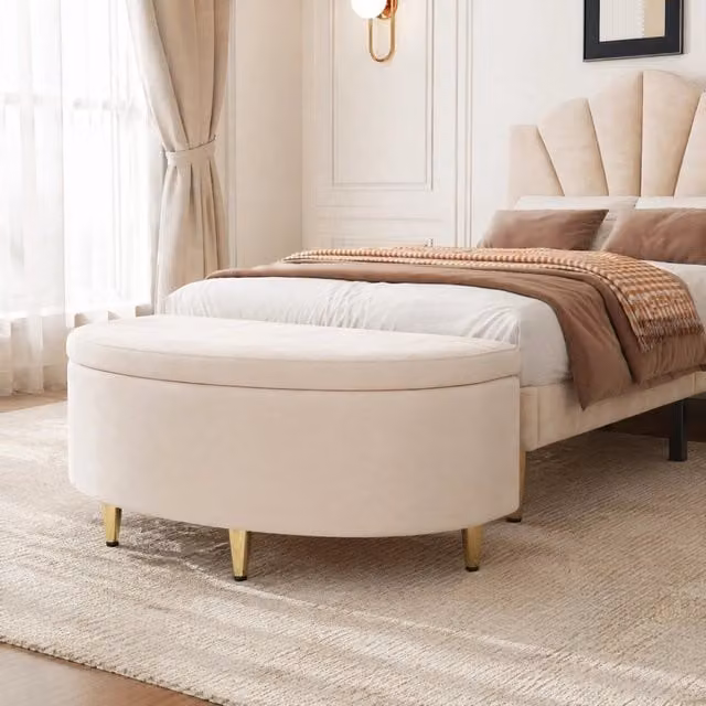 Panca contenitore MODFU in velluto beige per ingresso, soggiorno o camera da letto, L 90 x P 40 x H 42 cm